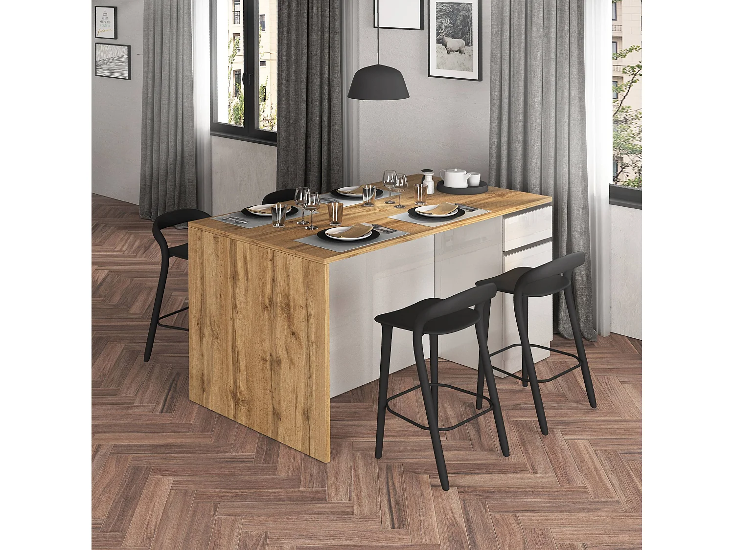 Îlot de cuisine Sole avec 2 portes et 2 tiroirs blanc brillant et chêne 160x90x90 cm
