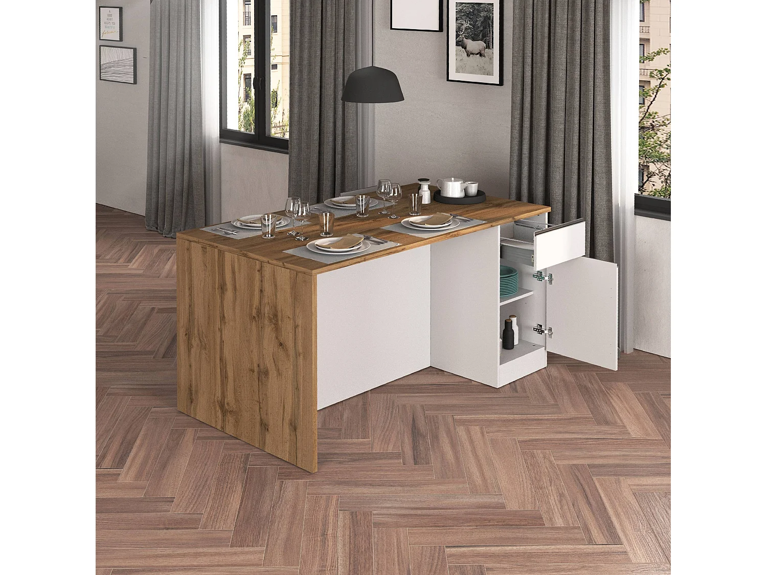 Îlot de cuisine Sole avec 2 portes et 2 tiroirs blanc brillant et chêne 160x90x90 cm