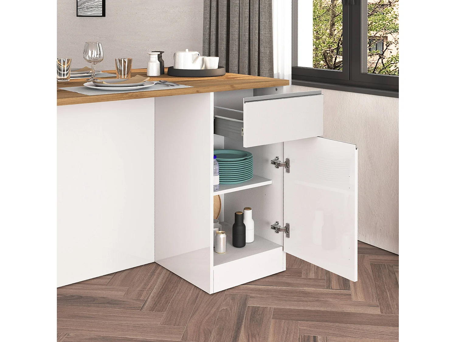 Îlot de cuisine Sole avec 2 portes et 2 tiroirs blanc brillant et chêne 160x90x90 cm