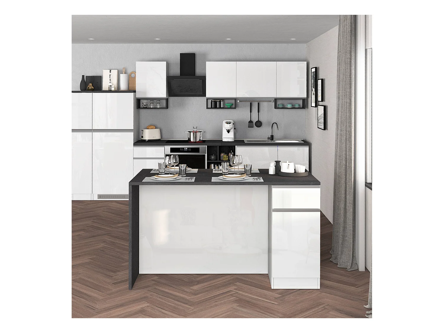 Isola da cucina Sole a 2 ante e 2 cassetti bianco lucido e report 160x90x90 cm