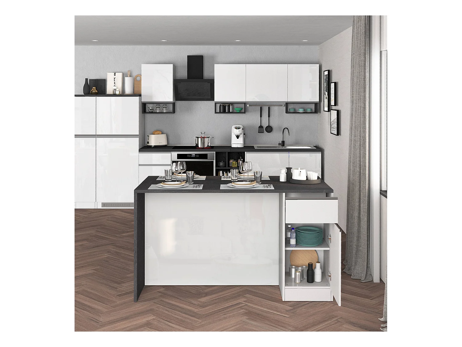 Isola da cucina Sole a 2 ante e 2 cassetti bianco lucido e report 160x90x90 cm