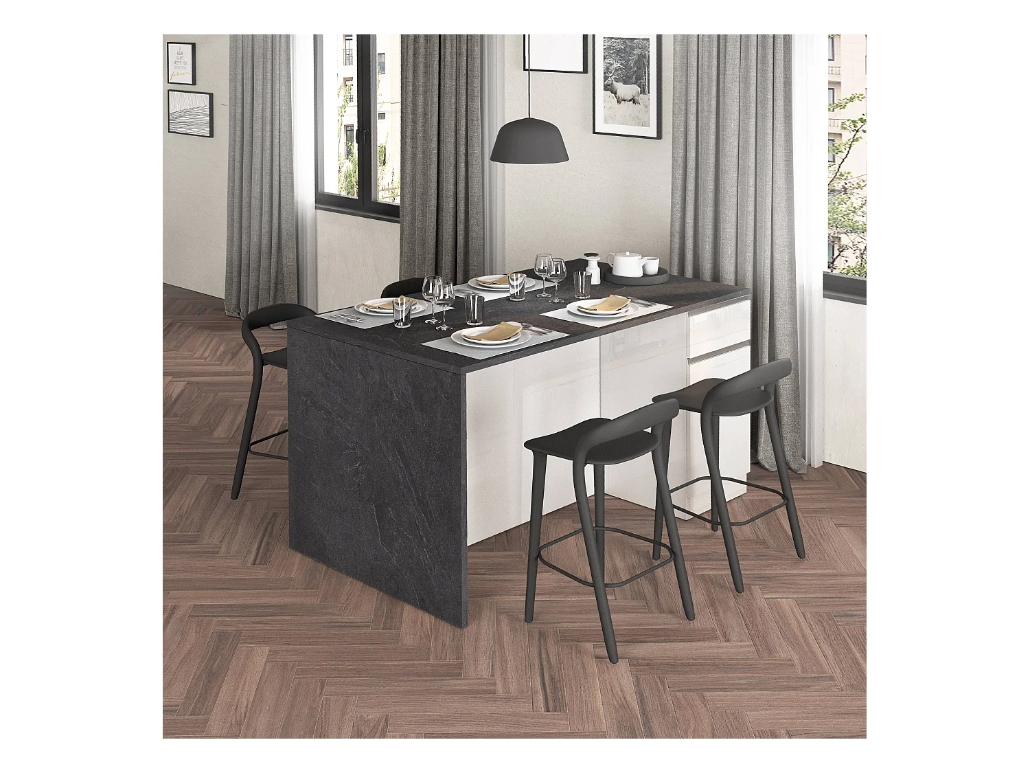 Isola da cucina Sole a 2 ante e 2 cassetti bianco lucido e report 160x90x90 cm