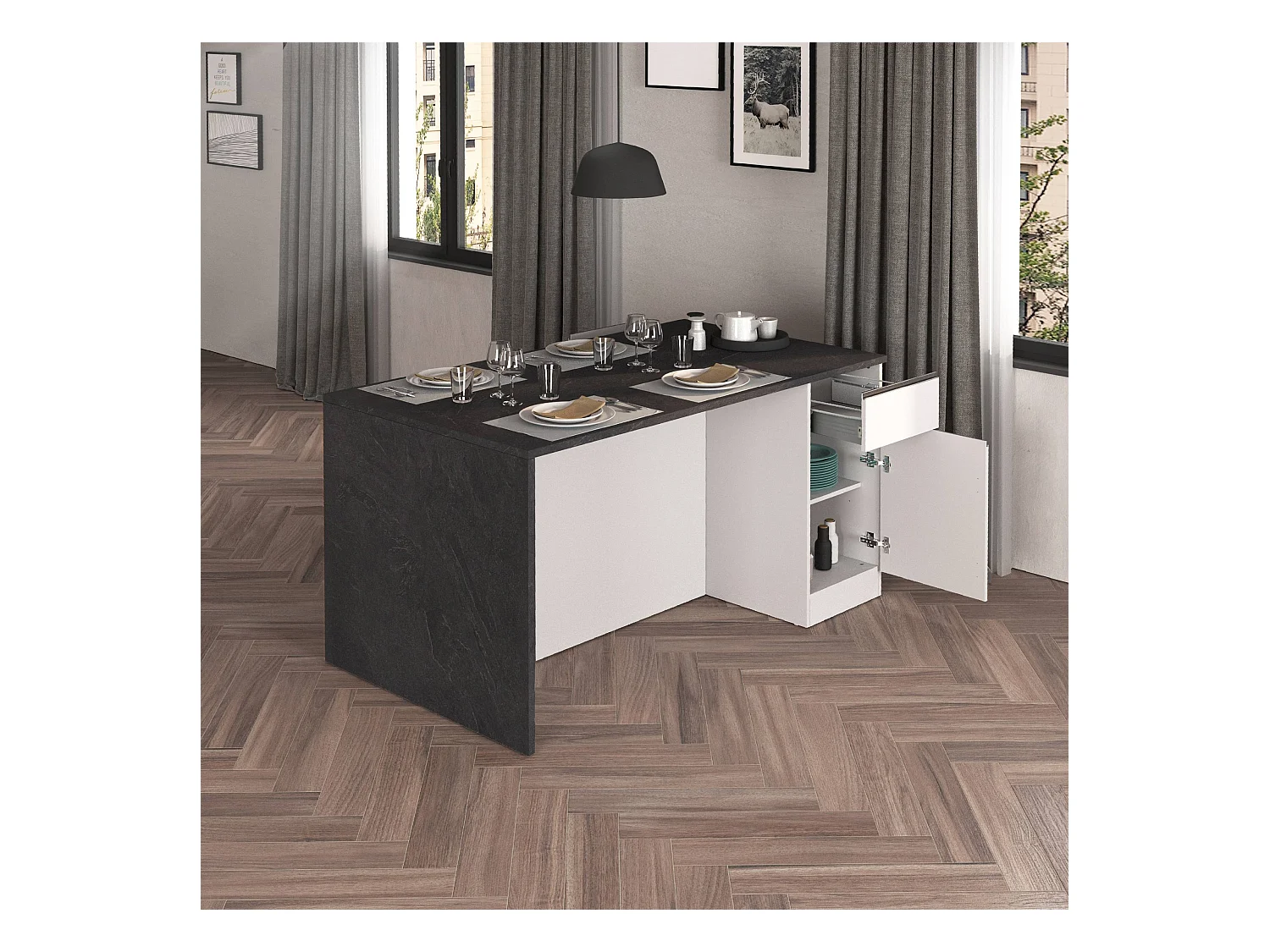 Isola da cucina Sole a 2 ante e 2 cassetti bianco lucido e report 160x90x90 cm