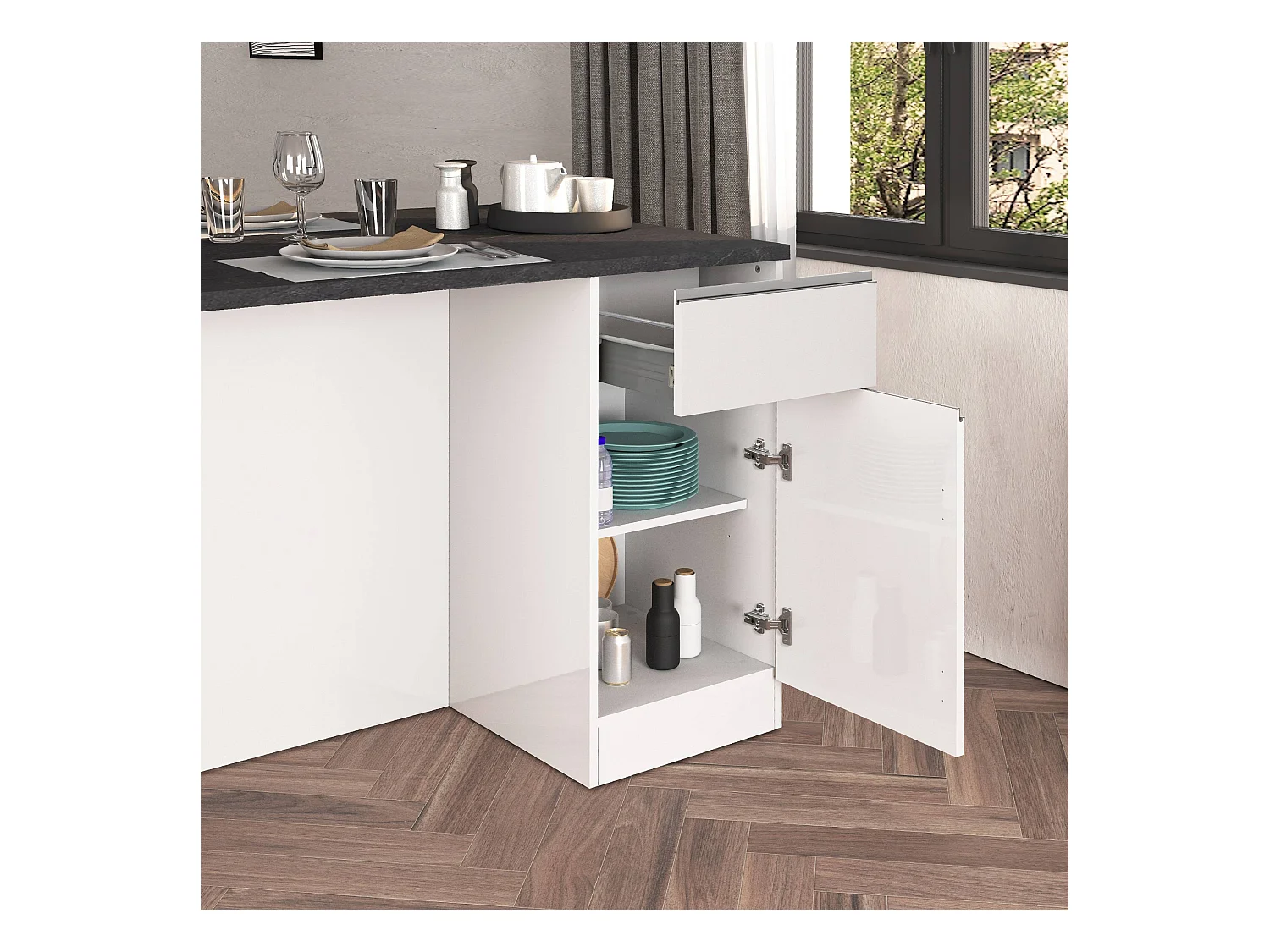 Isola da cucina Sole a 2 ante e 2 cassetti bianco lucido e report 160x90x90 cm