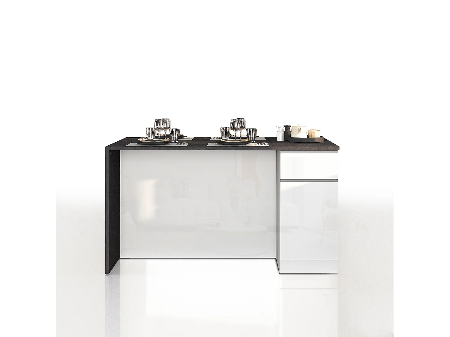 Îlot de cuisine Sole avec 2 portes et 2 tiroirs blanc brillant et ardoise report 160x90x90 cm