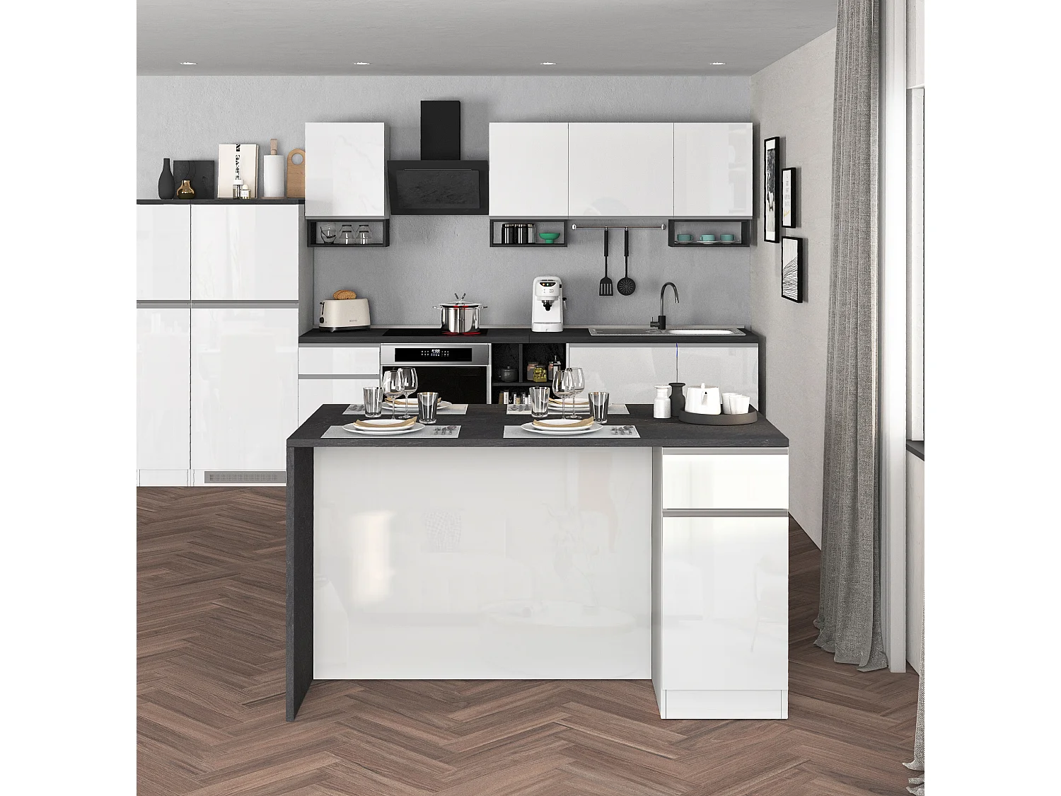 Îlot de cuisine Sole avec 2 portes et 2 tiroirs blanc brillant et ardoise report 160x90x90 cm