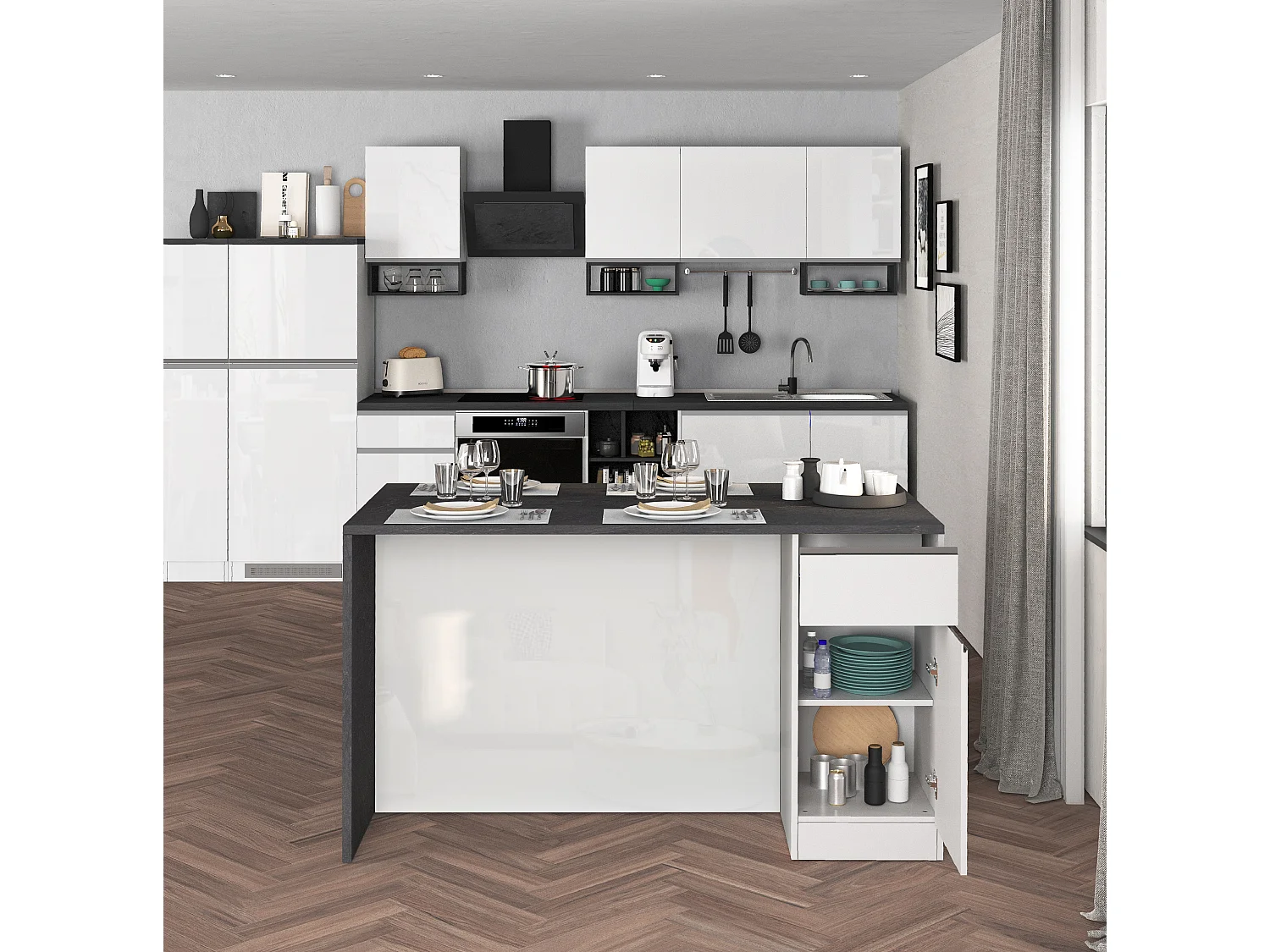 Îlot de cuisine Sole avec 2 portes et 2 tiroirs blanc brillant et ardoise report 160x90x90 cm