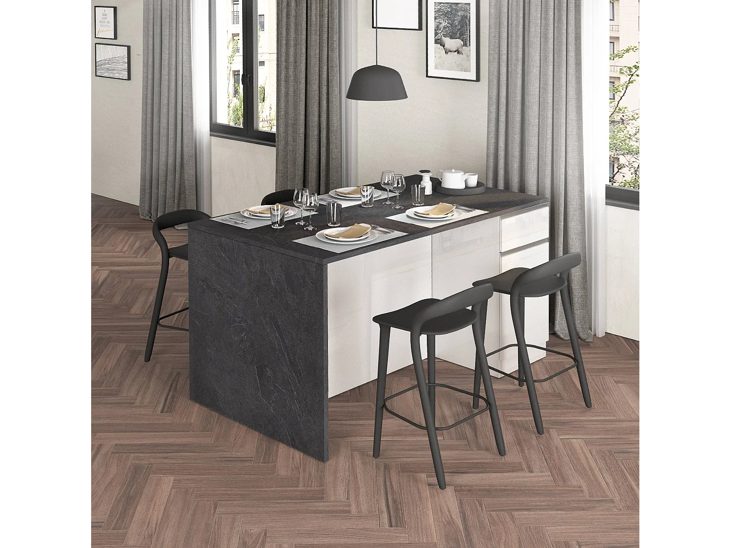 Îlot de cuisine Sole avec 2 portes et 2 tiroirs blanc brillant et ardoise report 160x90x90 cm