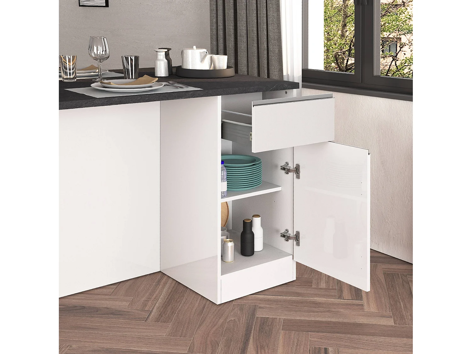 Îlot de cuisine Sole avec 2 portes et 2 tiroirs blanc brillant et ardoise report 160x90x90 cm