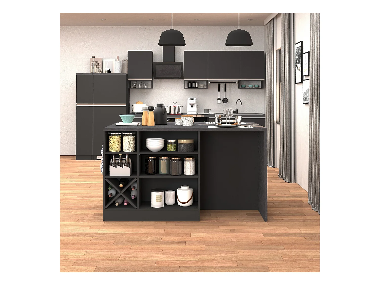Isola da cucina Sole con 1 anta 2 cassetti e 6 vani antracite opaco/report 153x90x91 cm