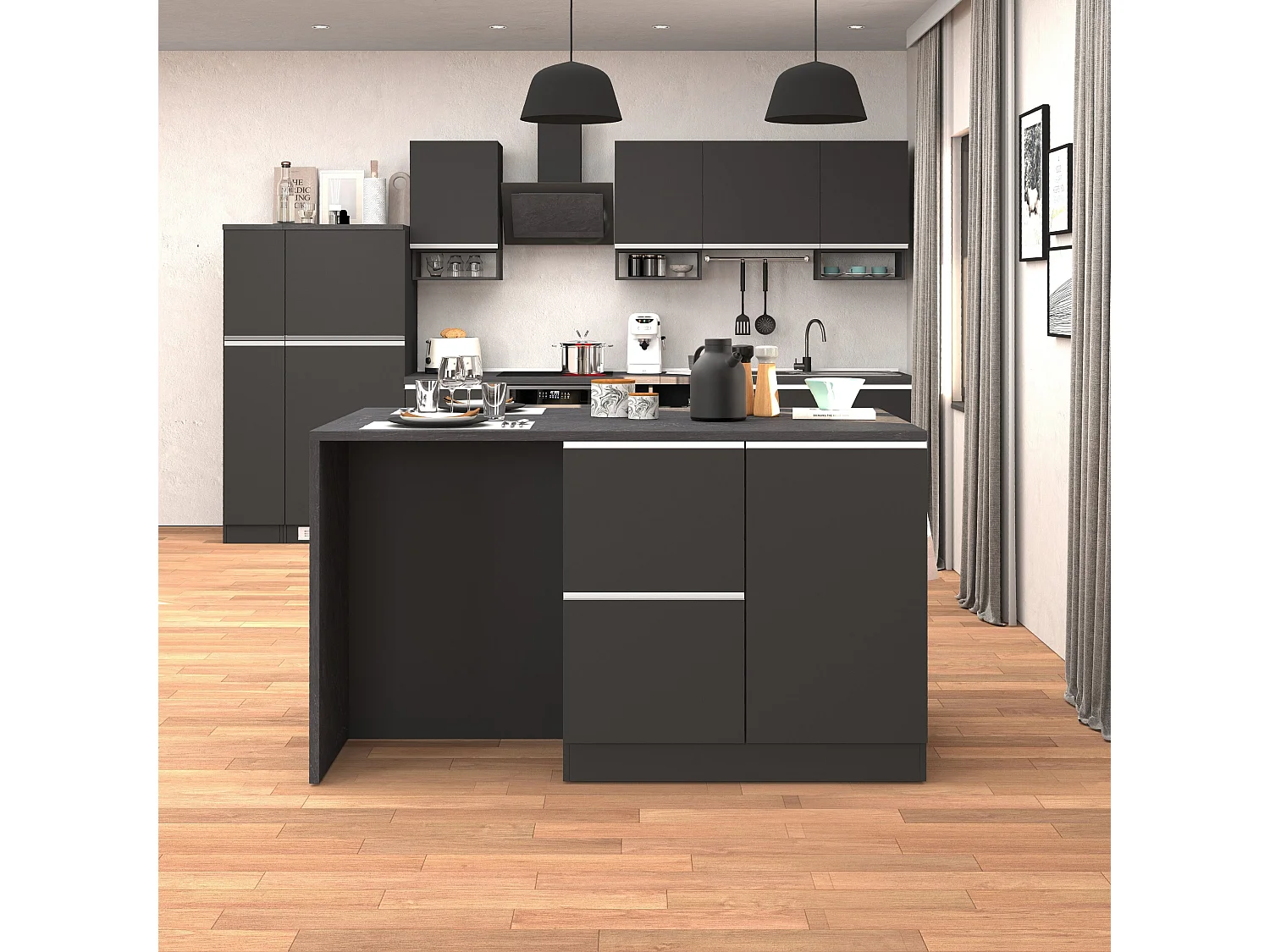 Isola da cucina Sole con 1 anta 2 cassetti e 6 vani antracite opaco/report 153x90x91 cm