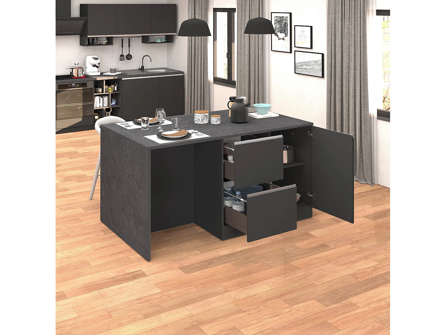Isola da cucina Sole con 1 anta 2 cassetti e 6 vani antracite opaco/report 153x90x91 cm