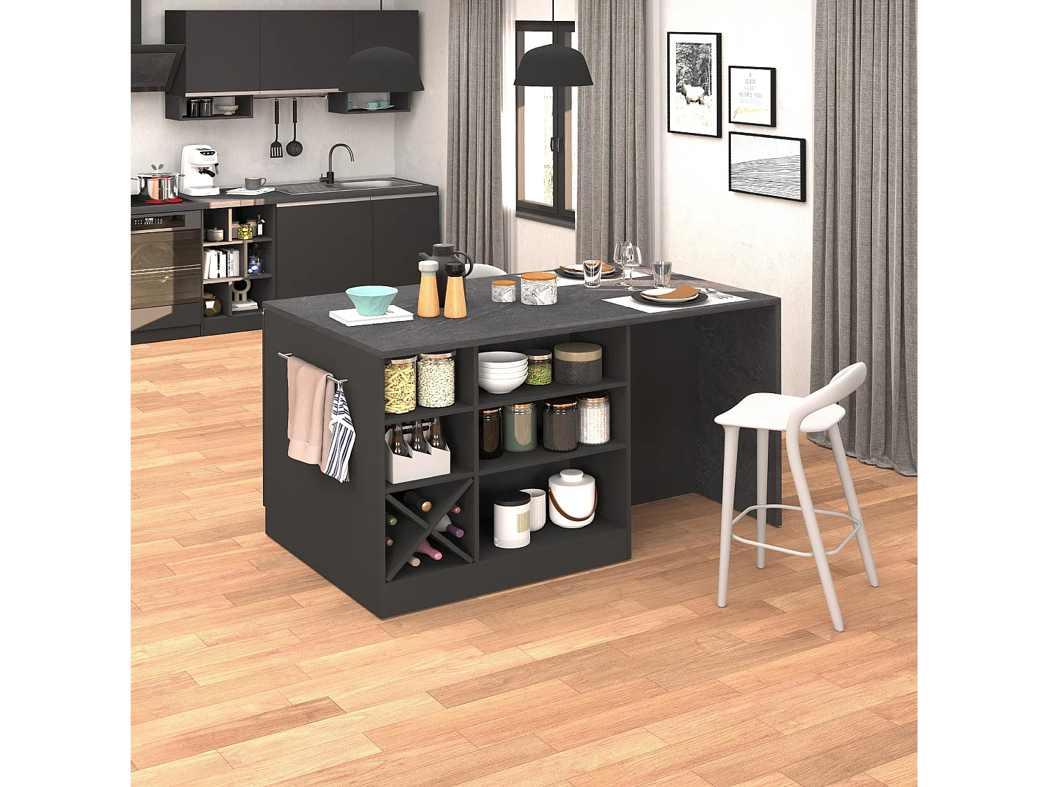 Isola da cucina Sole con 1 anta 2 cassetti e 6 vani antracite opaco/report 153x90x91 cm