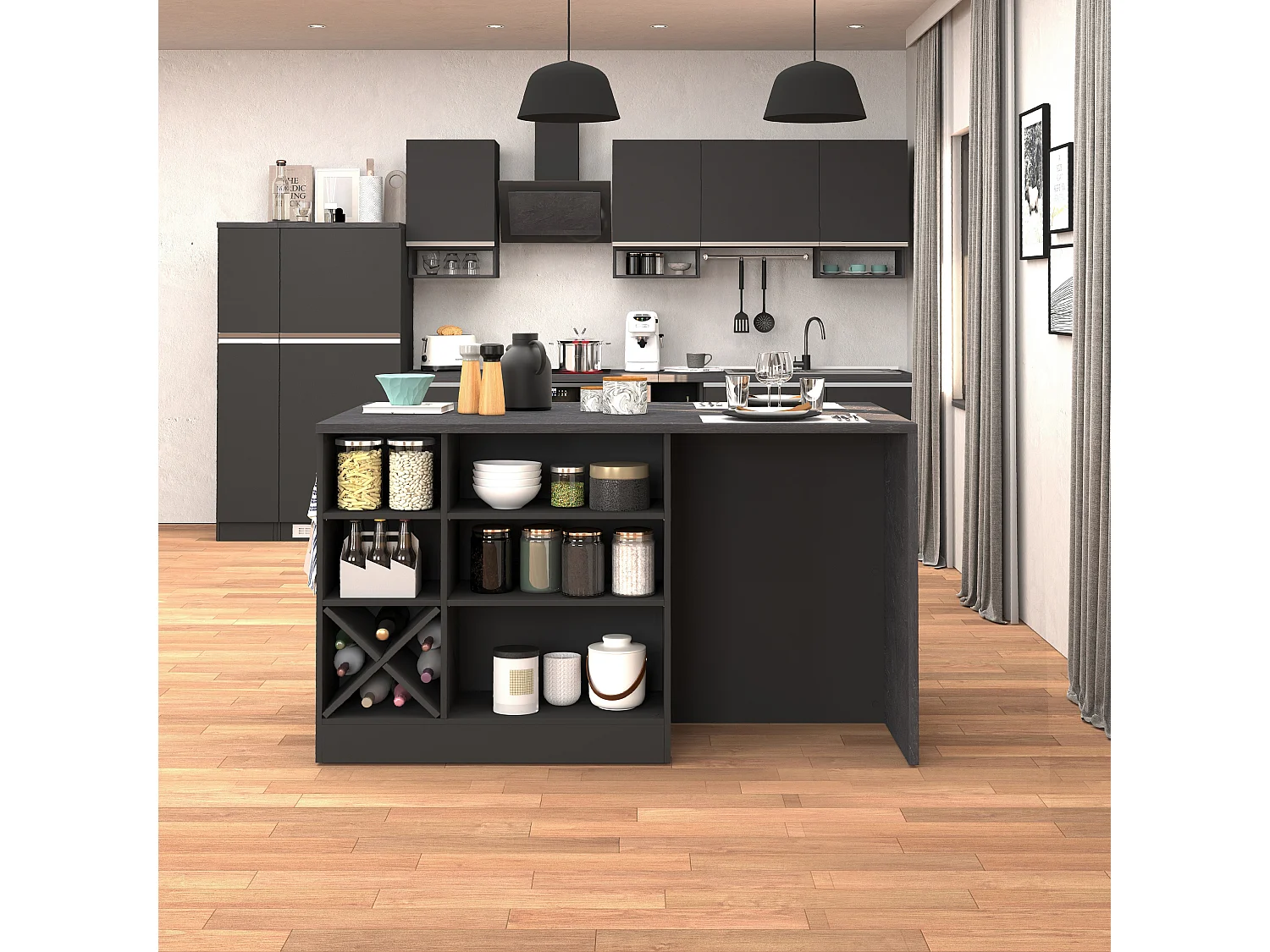 Isola da cucina Sole con 1 anta 2 cassetti e 6 vani antracite opaco/report 153x90x91 cm