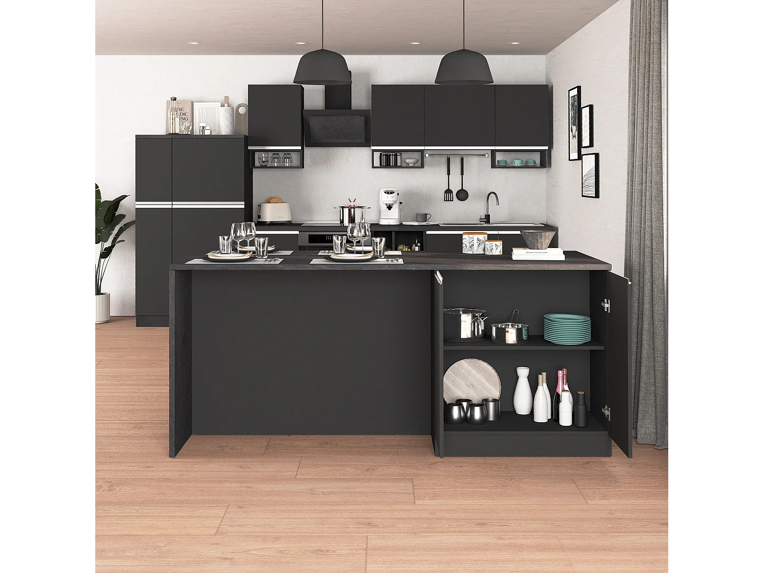 Îlot de cuisine Sole à 4 portes anthracite mat/ardoise report 200x90x90 cm