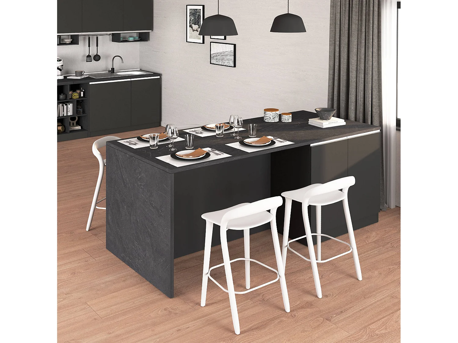 Îlot de cuisine Sole à 4 portes anthracite mat/ardoise report 200x90x90 cm