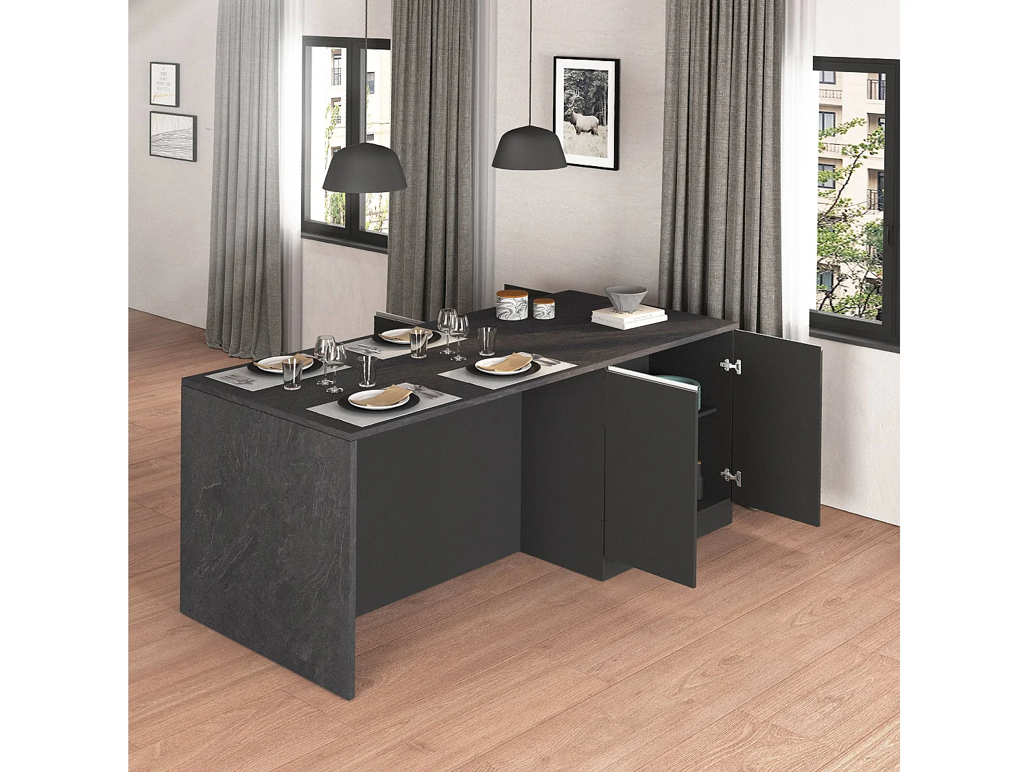 Îlot de cuisine Sole à 4 portes anthracite mat/ardoise report 200x90x90 cm