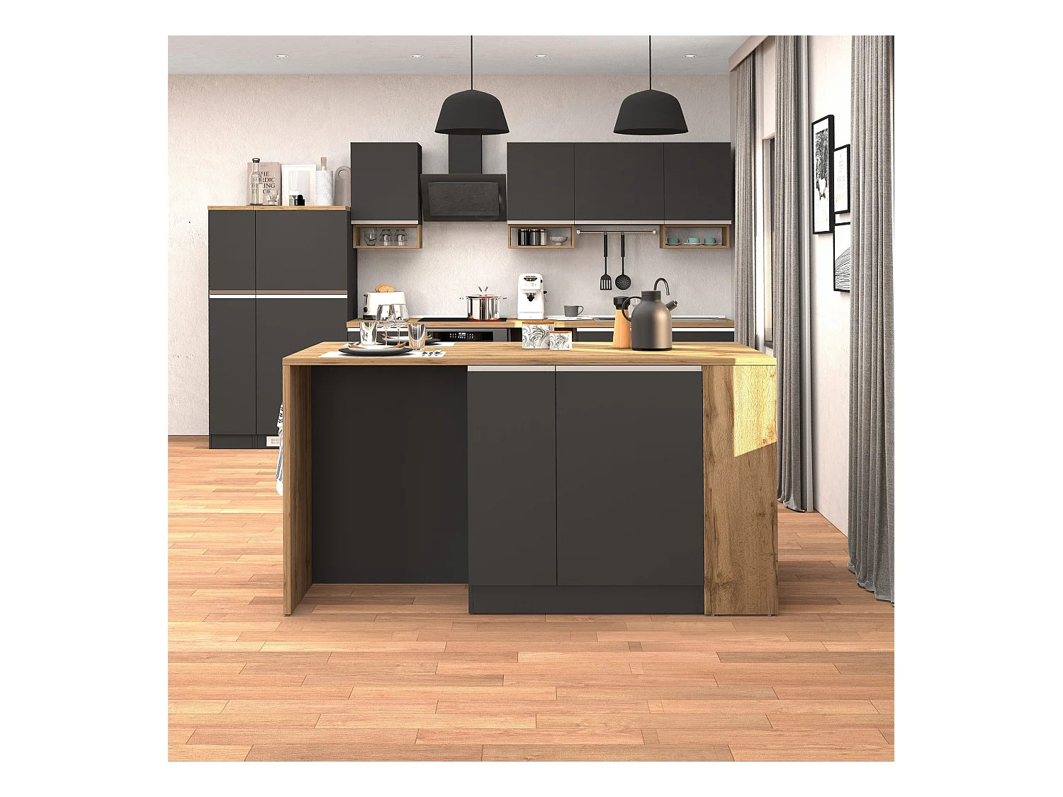 Isola da cucina Sole 2 ante 2 cassetti e 1 scaffale antracite opaco/rovere 168x90x91 cm