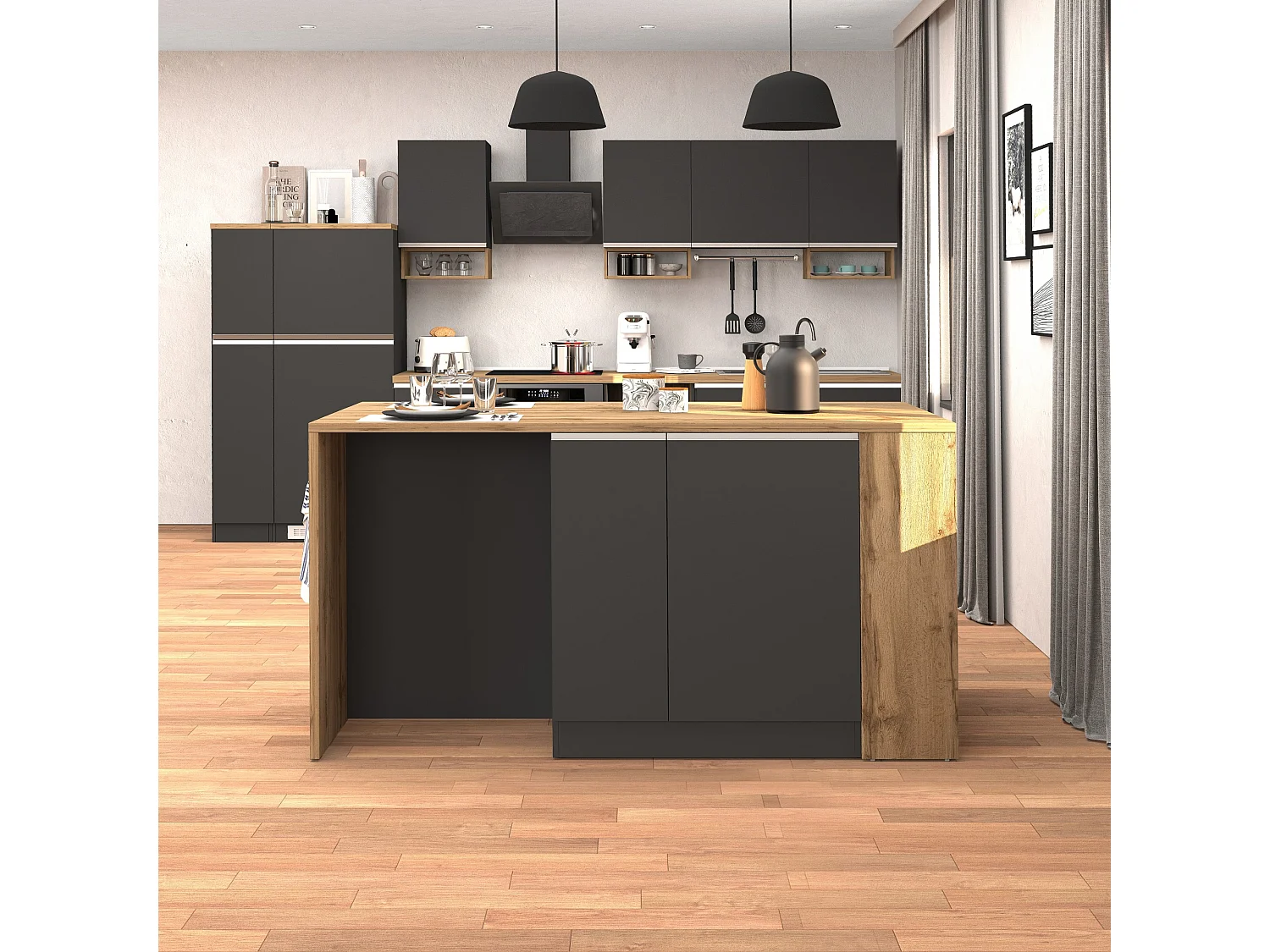 Isola da cucina Sole 2 ante 2 cassetti e 1 scaffale antracite opaco/rovere 168x90x91 cm