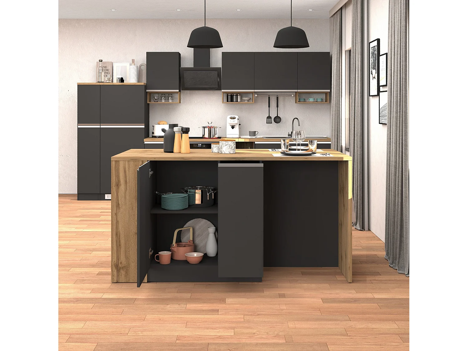 Isola da cucina Sole 2 ante 2 cassetti e 1 scaffale antracite opaco/rovere 168x90x91 cm