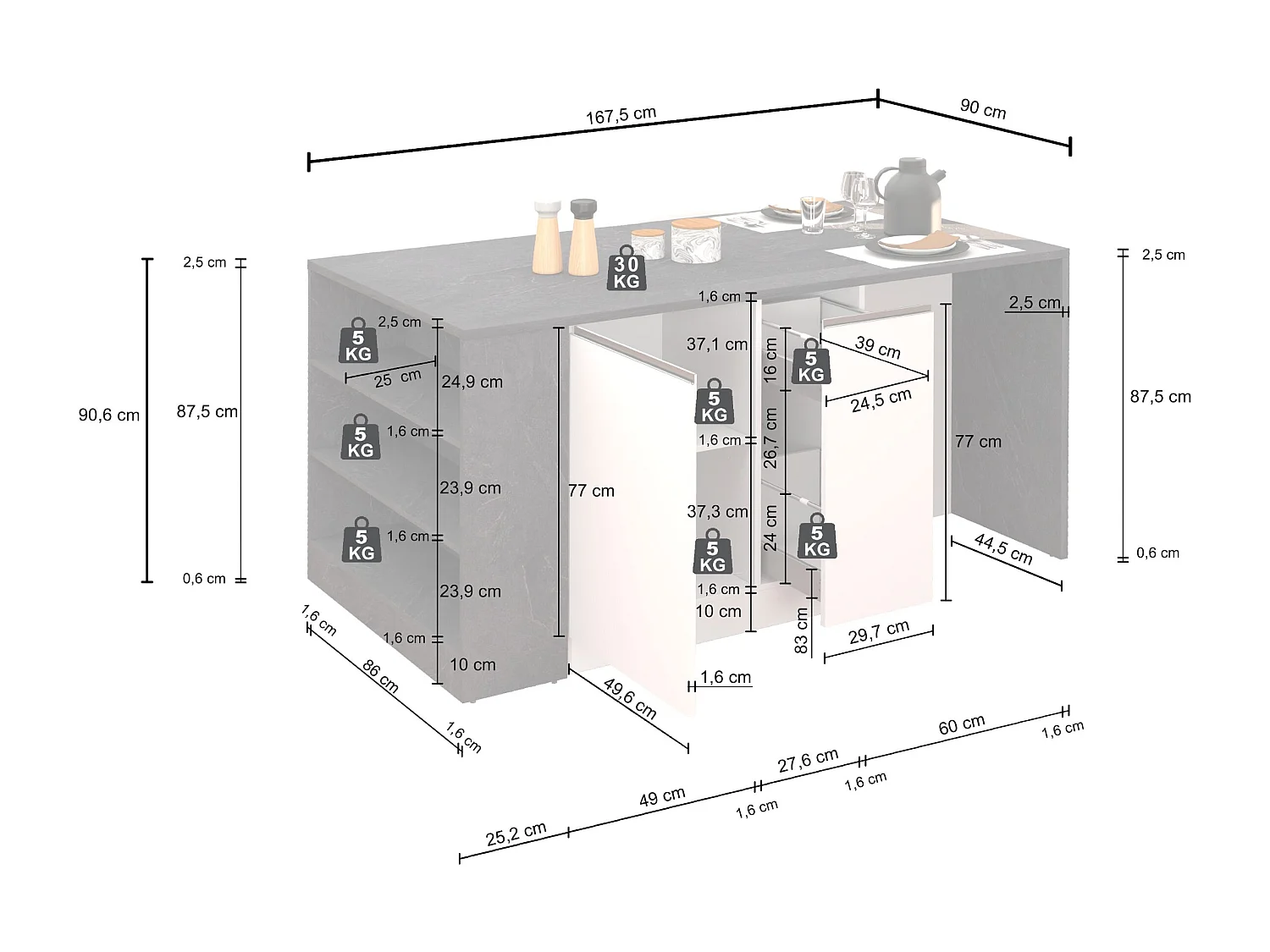 Isola da cucina Sole 2 ante 2 cassetti e 1 scaffale antracite opaco/rovere 168x90x91 cm