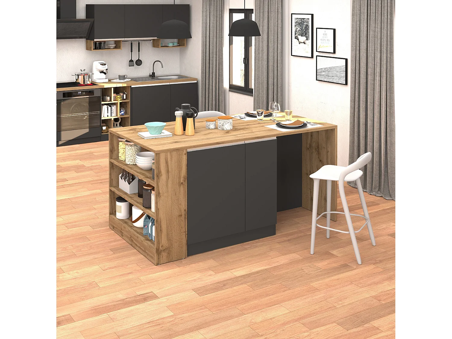 Isola da cucina Sole 2 ante 2 cassetti e 1 scaffale antracite opaco/rovere 168x90x91 cm