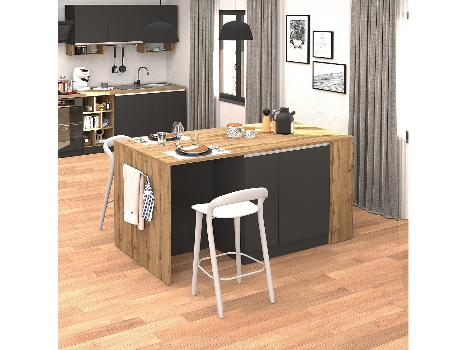 Isola da cucina Sole 2 ante 2 cassetti e 1 scaffale antracite opaco/rovere 168x90x91 cm