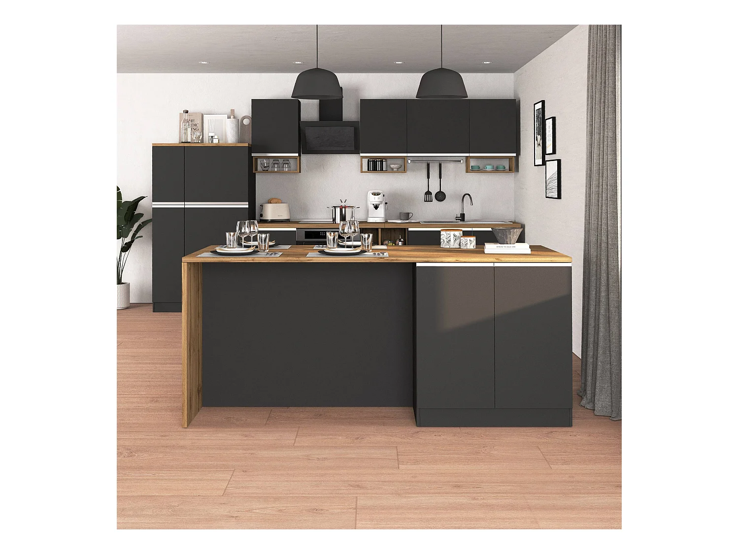 Isola da cucina Sole a 4 ante antracite opaco/rovere 200x90x90 cm