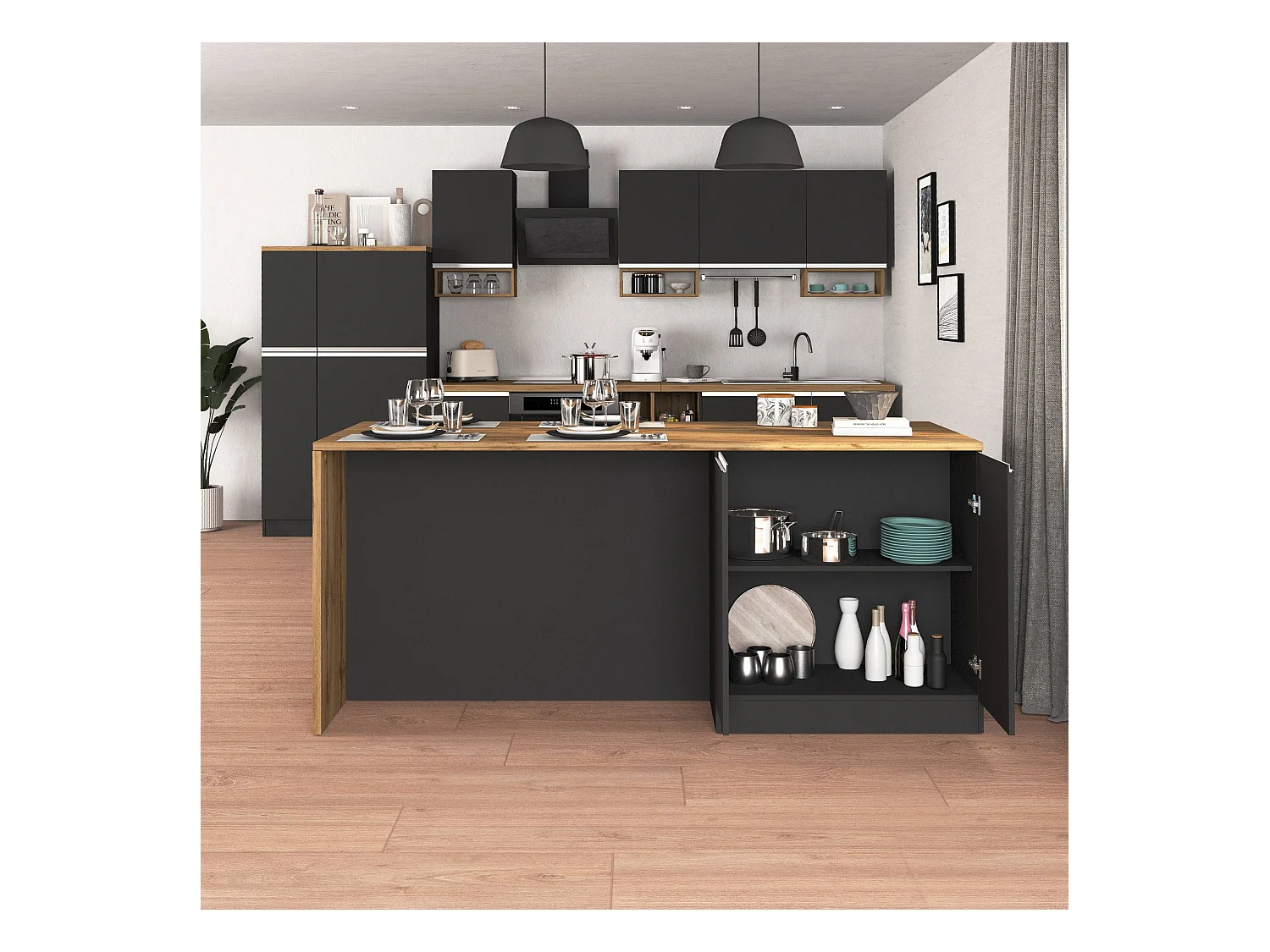 Isola da cucina Sole a 4 ante antracite opaco/rovere 200x90x90 cm
