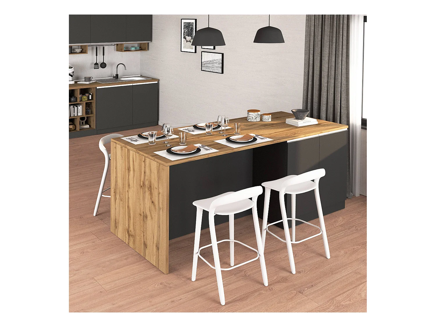 Isola da cucina Sole a 4 ante antracite opaco/rovere 200x90x90 cm