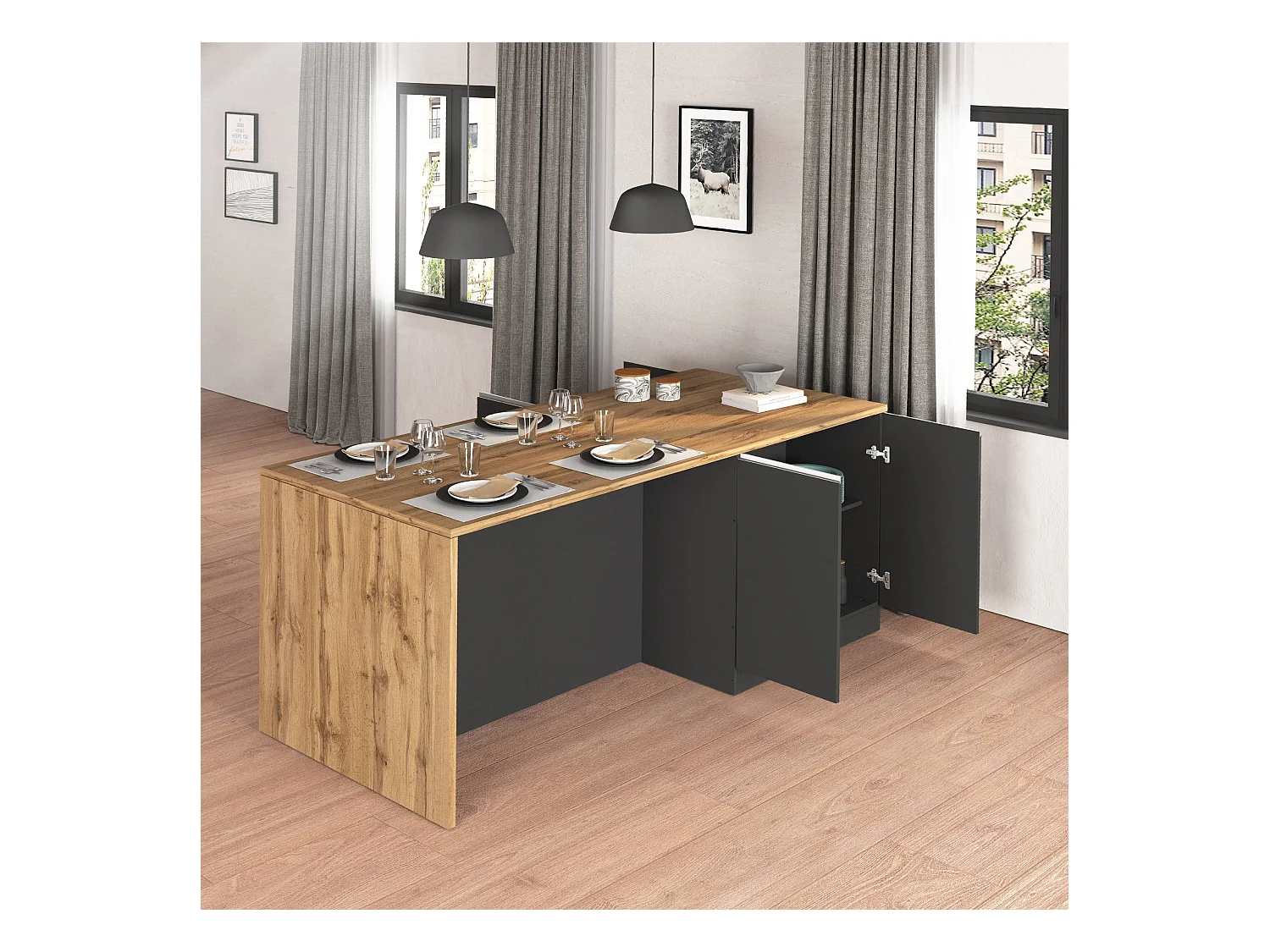 Isola da cucina Sole a 4 ante antracite opaco/rovere 200x90x90 cm