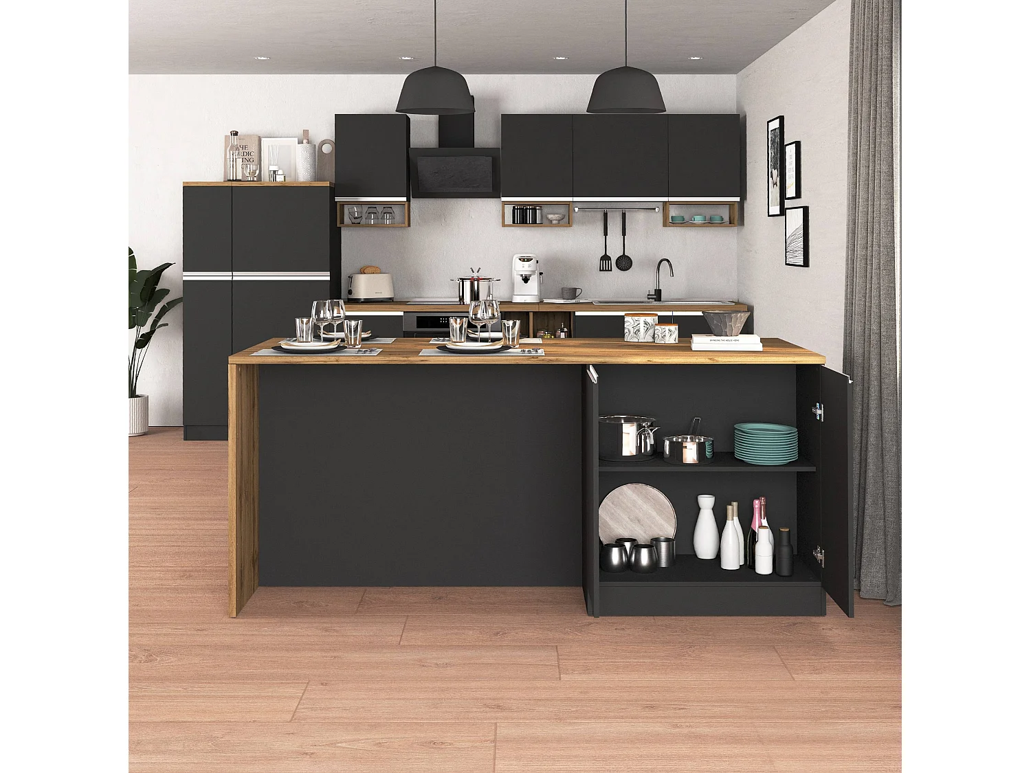 Isola da cucina Sole a 4 ante antracite opaco/rovere 200x90x90 cm
