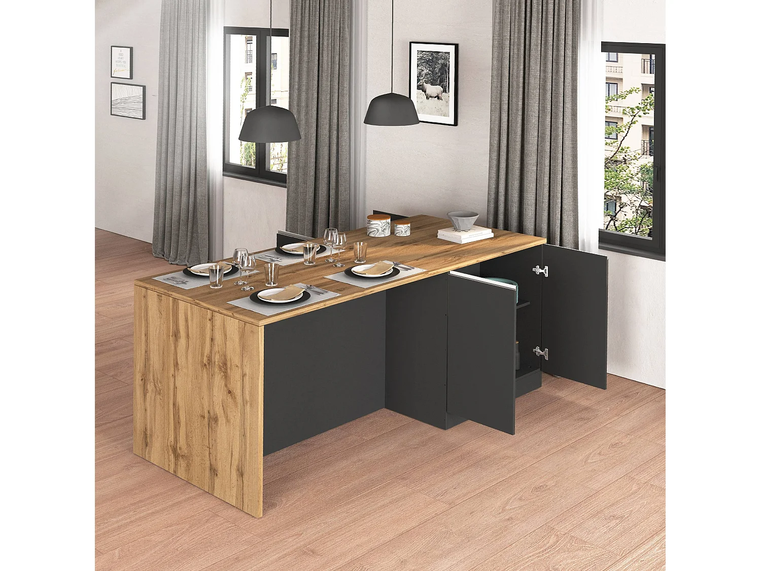 Isola da cucina Sole a 4 ante antracite opaco/rovere 200x90x90 cm