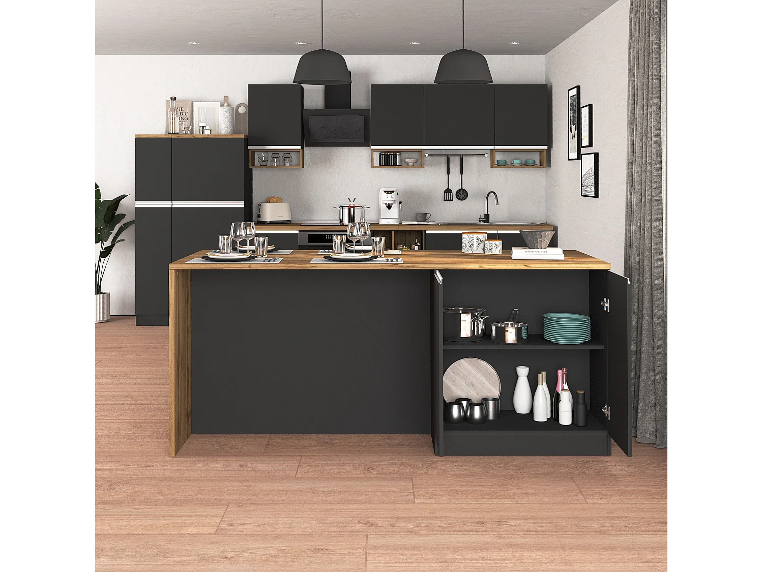 Îlot de cuisine Sole à 4 portes anthracite mat/chêne 200x90x90 cm