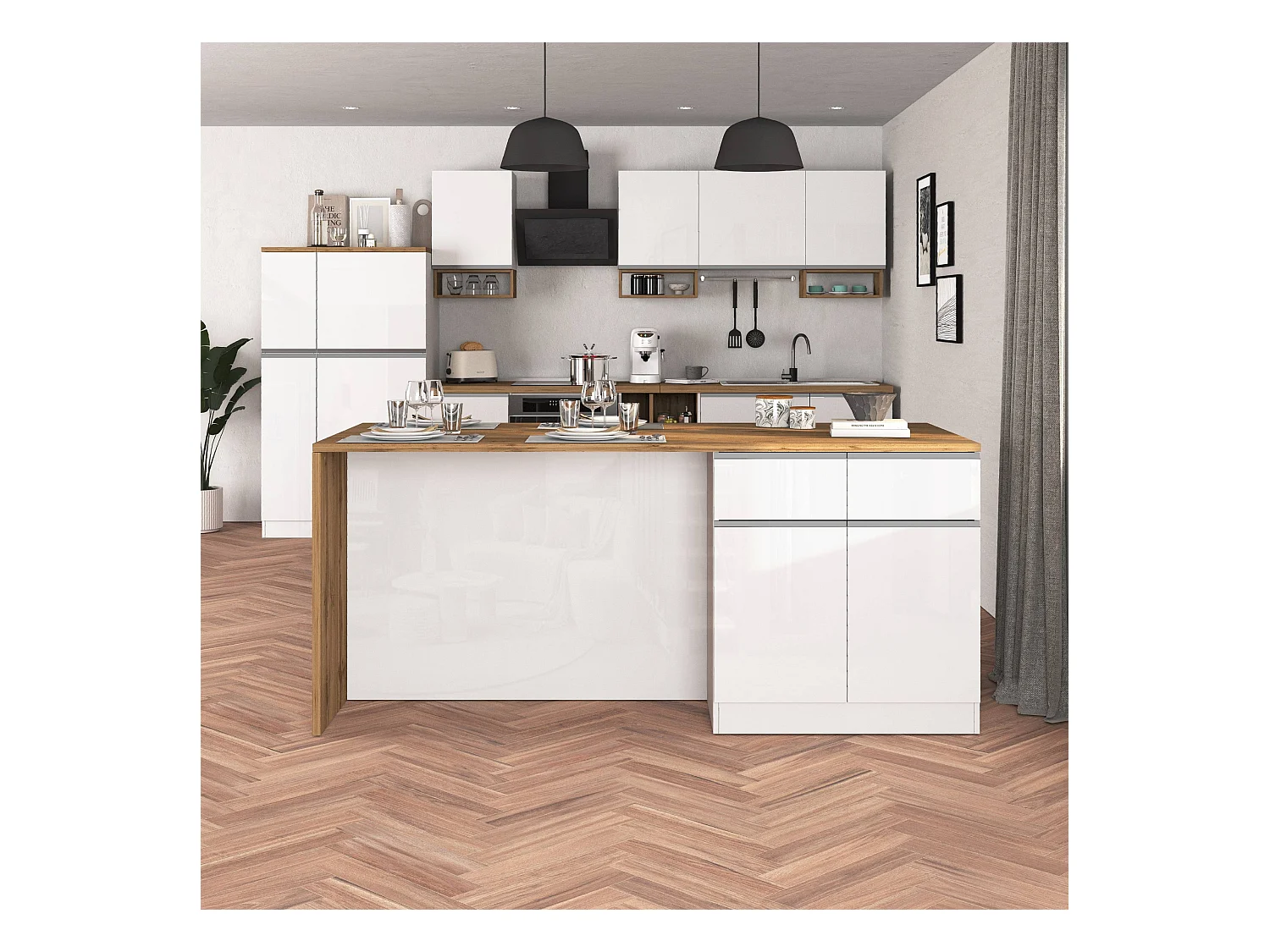 Isola da cucina Sole a 4 ante e 4 cassetti bianco lucido e rovere 200x90x90 cm