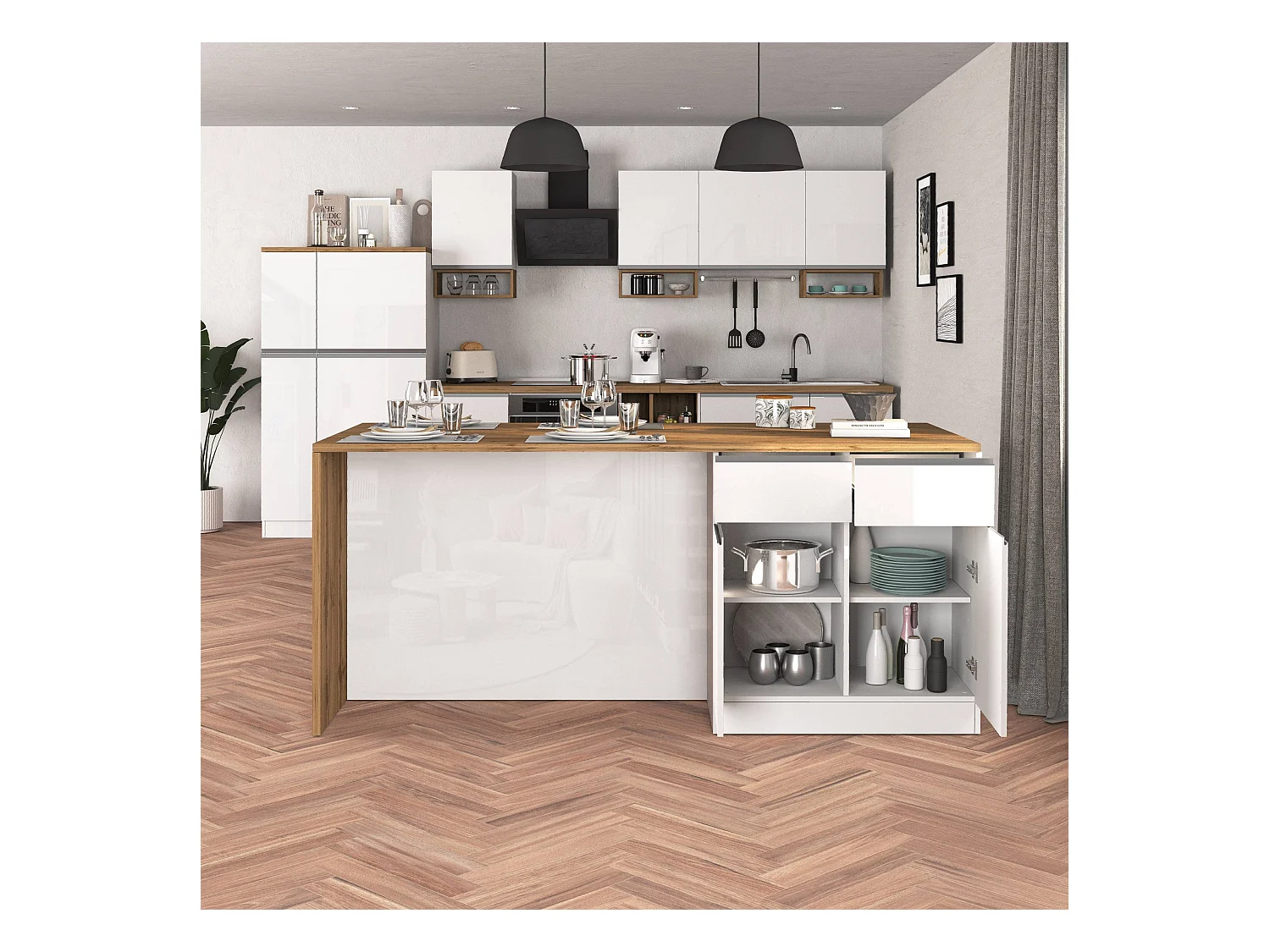 Isola da cucina Sole a 4 ante e 4 cassetti bianco lucido e rovere 200x90x90 cm