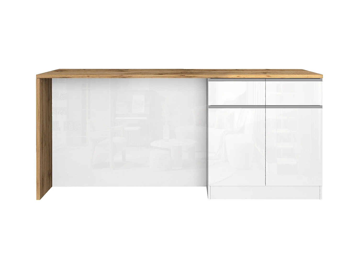 Isola da cucina Sole a 4 ante e 4 cassetti bianco lucido e rovere 200x90x90 cm