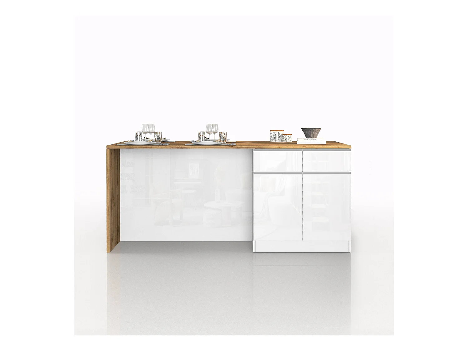 Isola da cucina Sole a 4 ante e 4 cassetti bianco lucido e rovere 200x90x90 cm