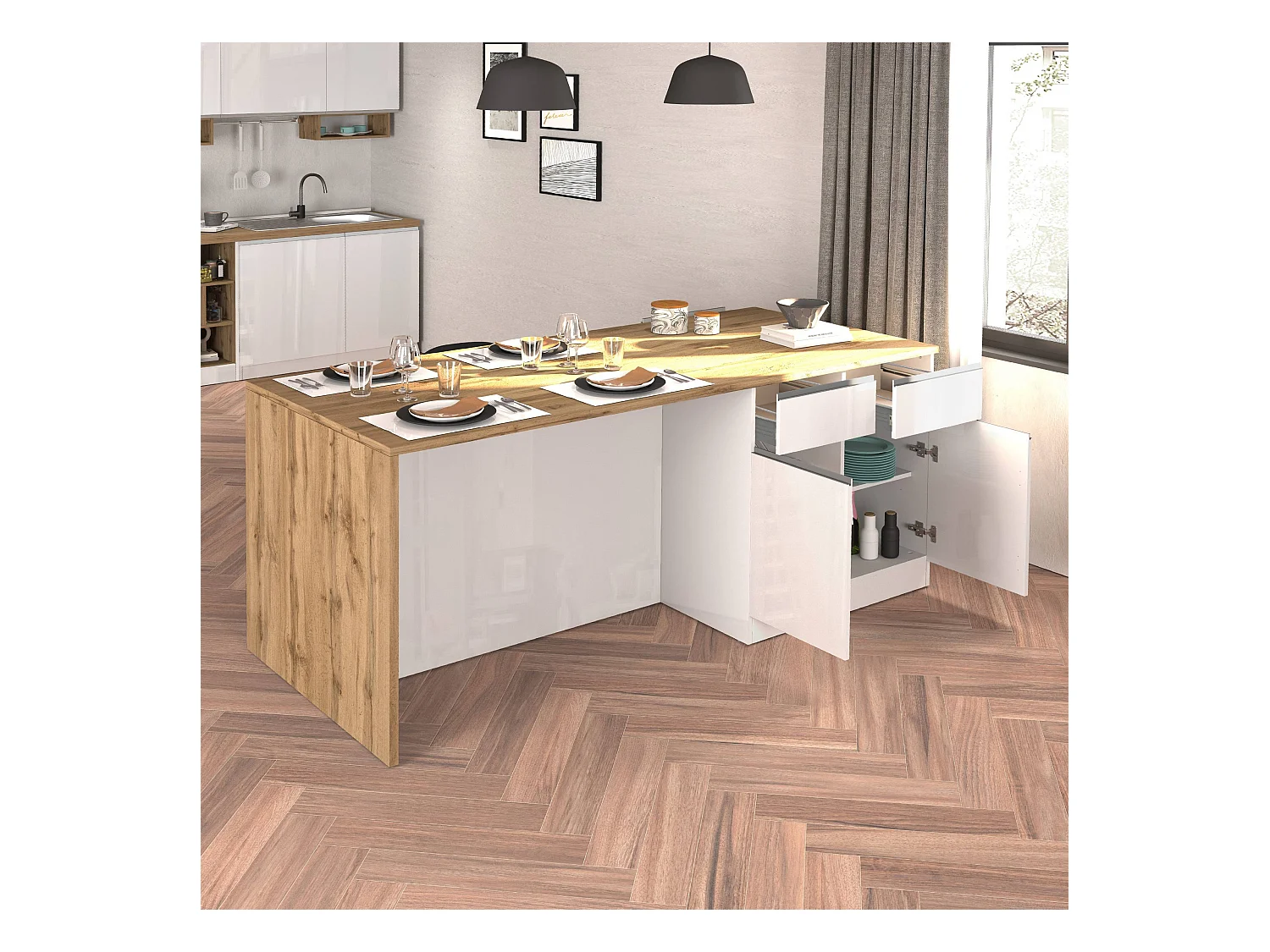 Isola da cucina Sole a 4 ante e 4 cassetti bianco lucido e rovere 200x90x90 cm