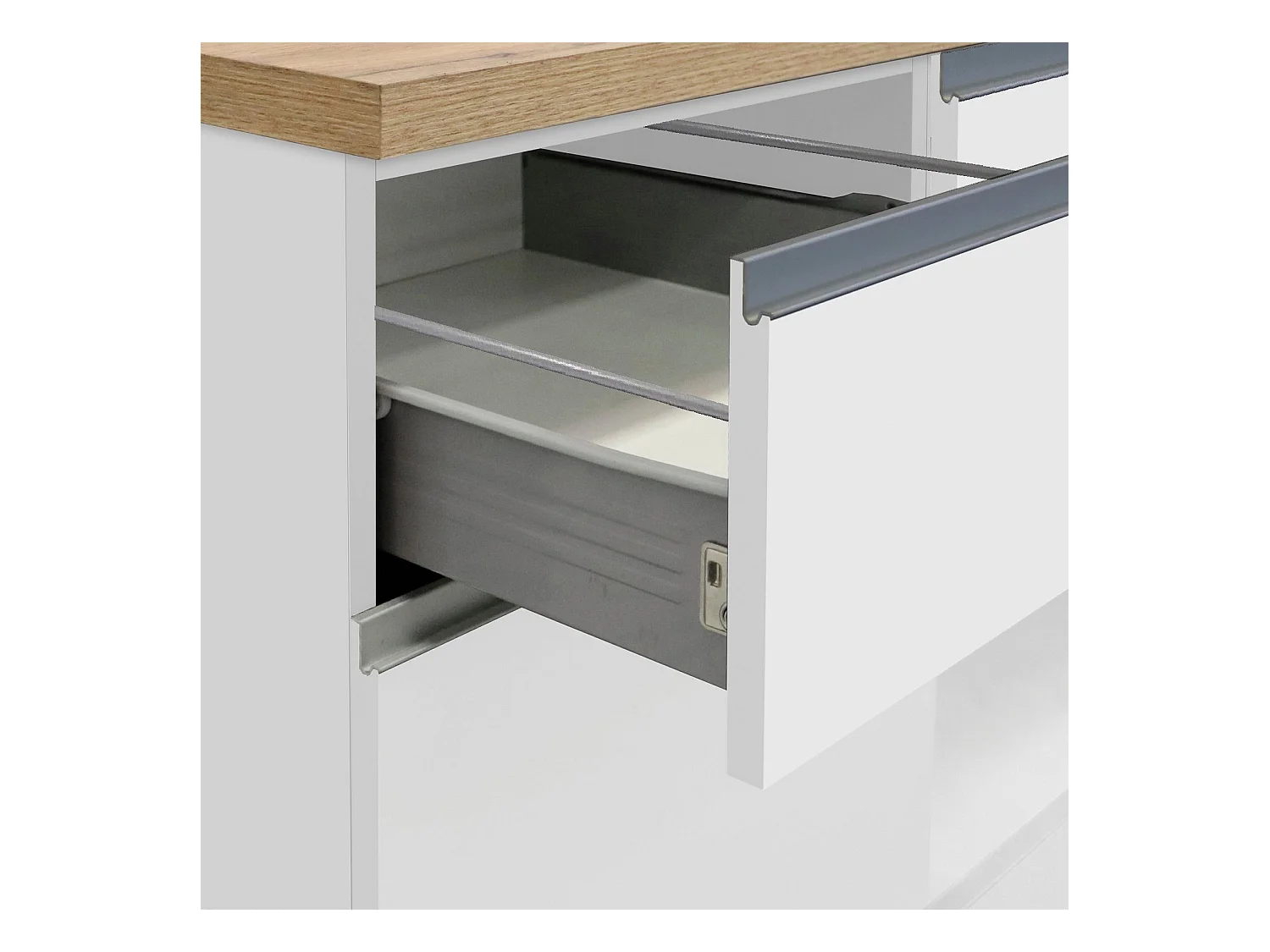 Isola da cucina Sole a 4 ante e 4 cassetti bianco lucido e rovere 200x90x90 cm