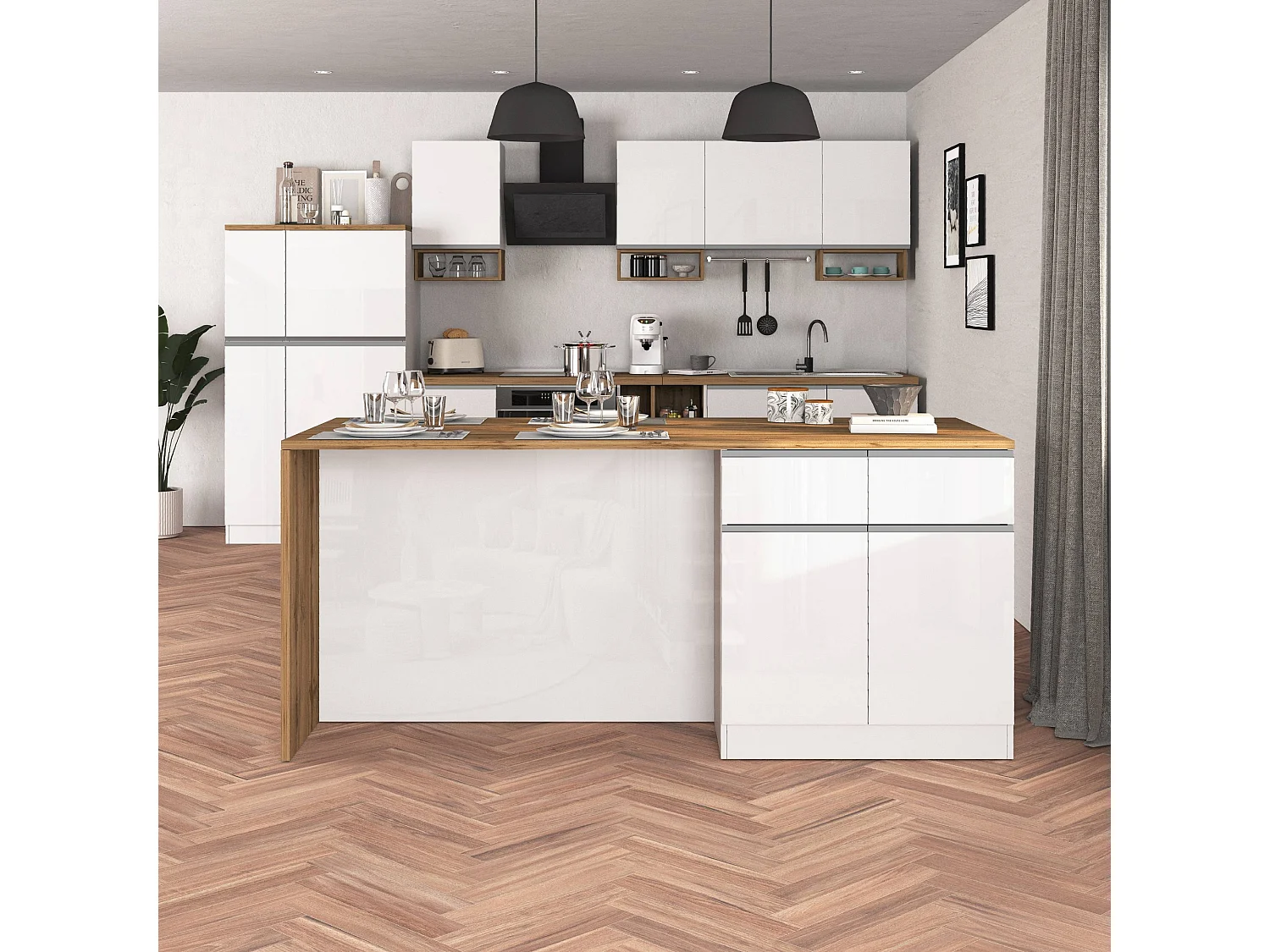 Isola da cucina Sole a 4 ante e 4 cassetti bianco lucido e rovere 200x90x90 cm