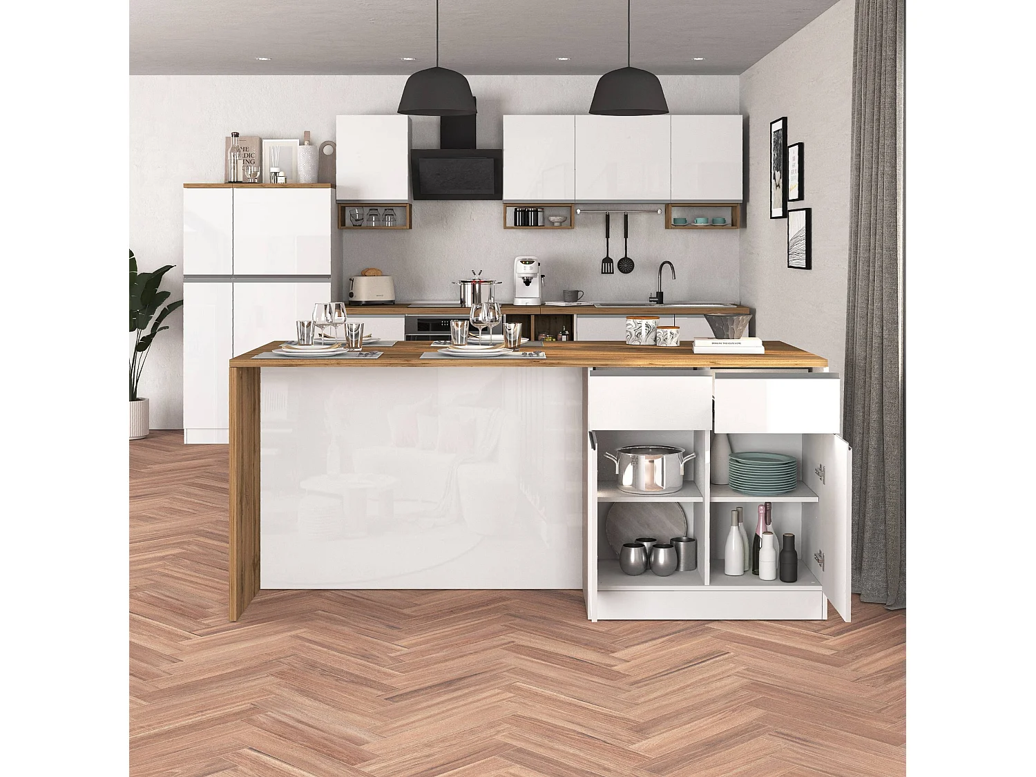 Isola da cucina Sole a 4 ante e 4 cassetti bianco lucido e rovere 200x90x90 cm