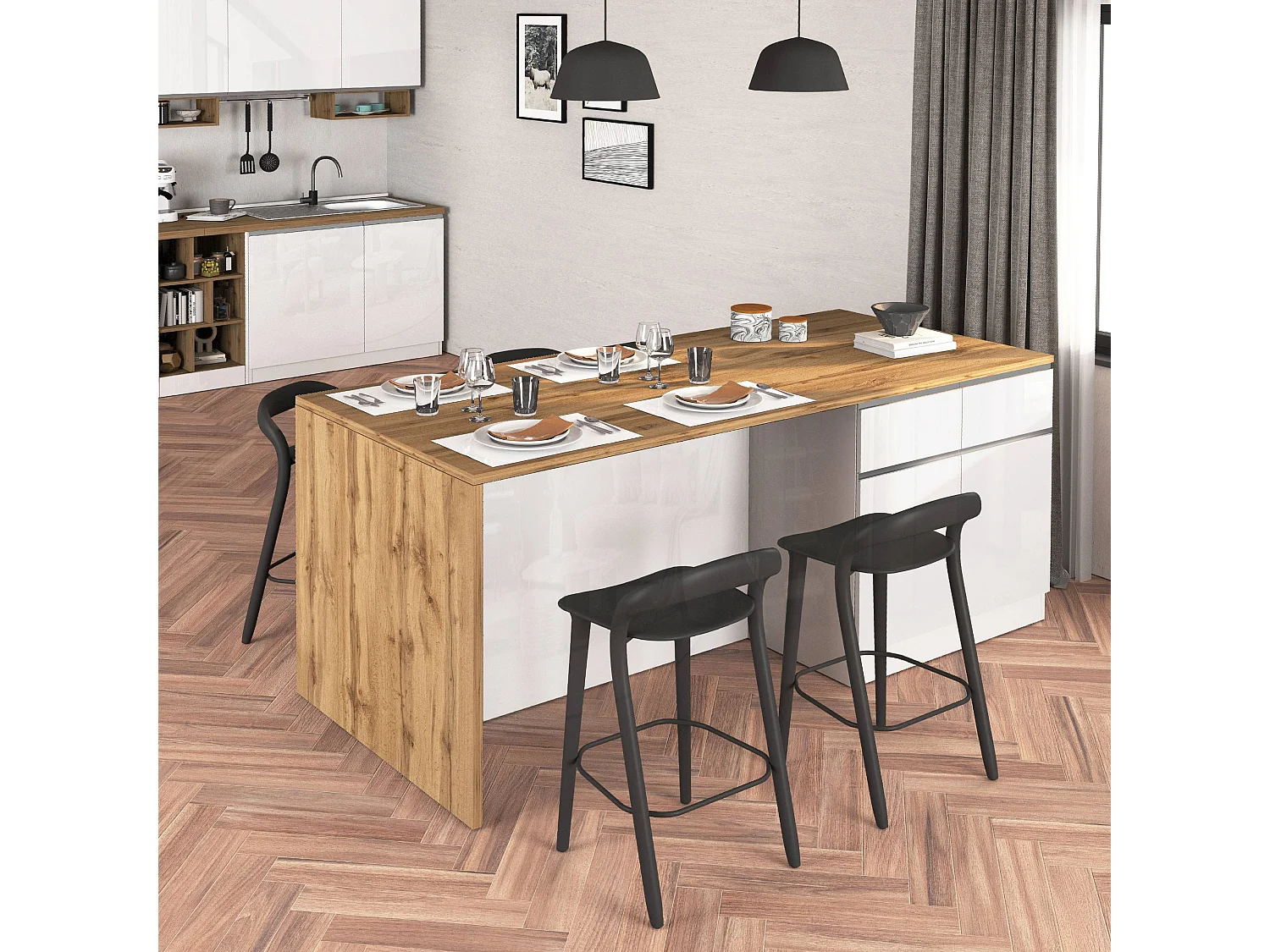 Isola da cucina Sole a 4 ante e 4 cassetti bianco lucido e rovere 200x90x90 cm