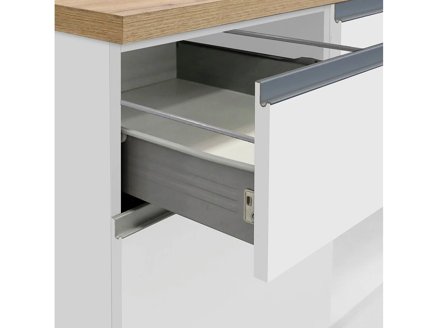 Isola da cucina Sole a 4 ante e 4 cassetti bianco lucido e rovere 200x90x90 cm