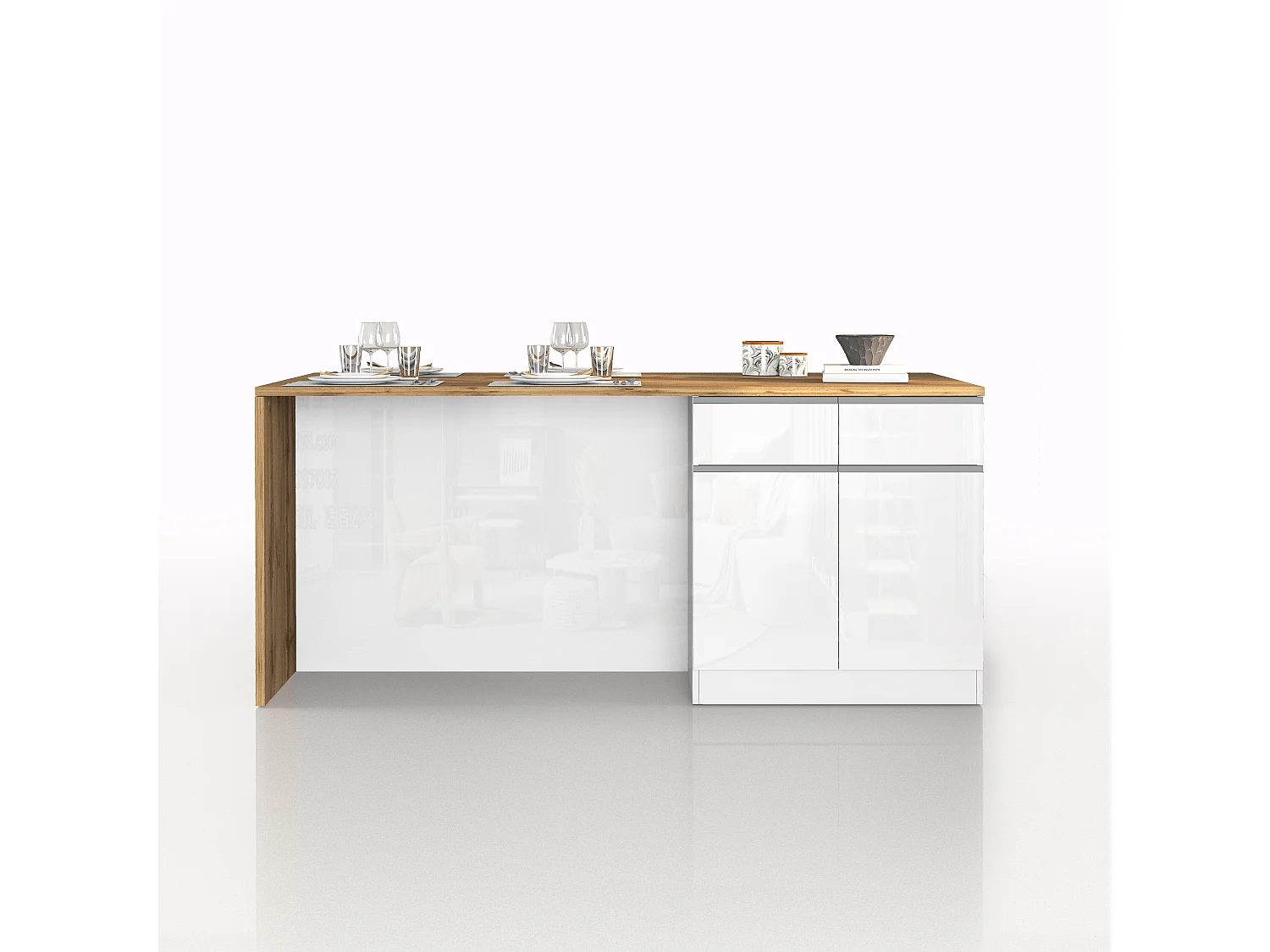 Isola da cucina Sole a 4 ante e 4 cassetti bianco lucido e rovere 200x90x90 cm