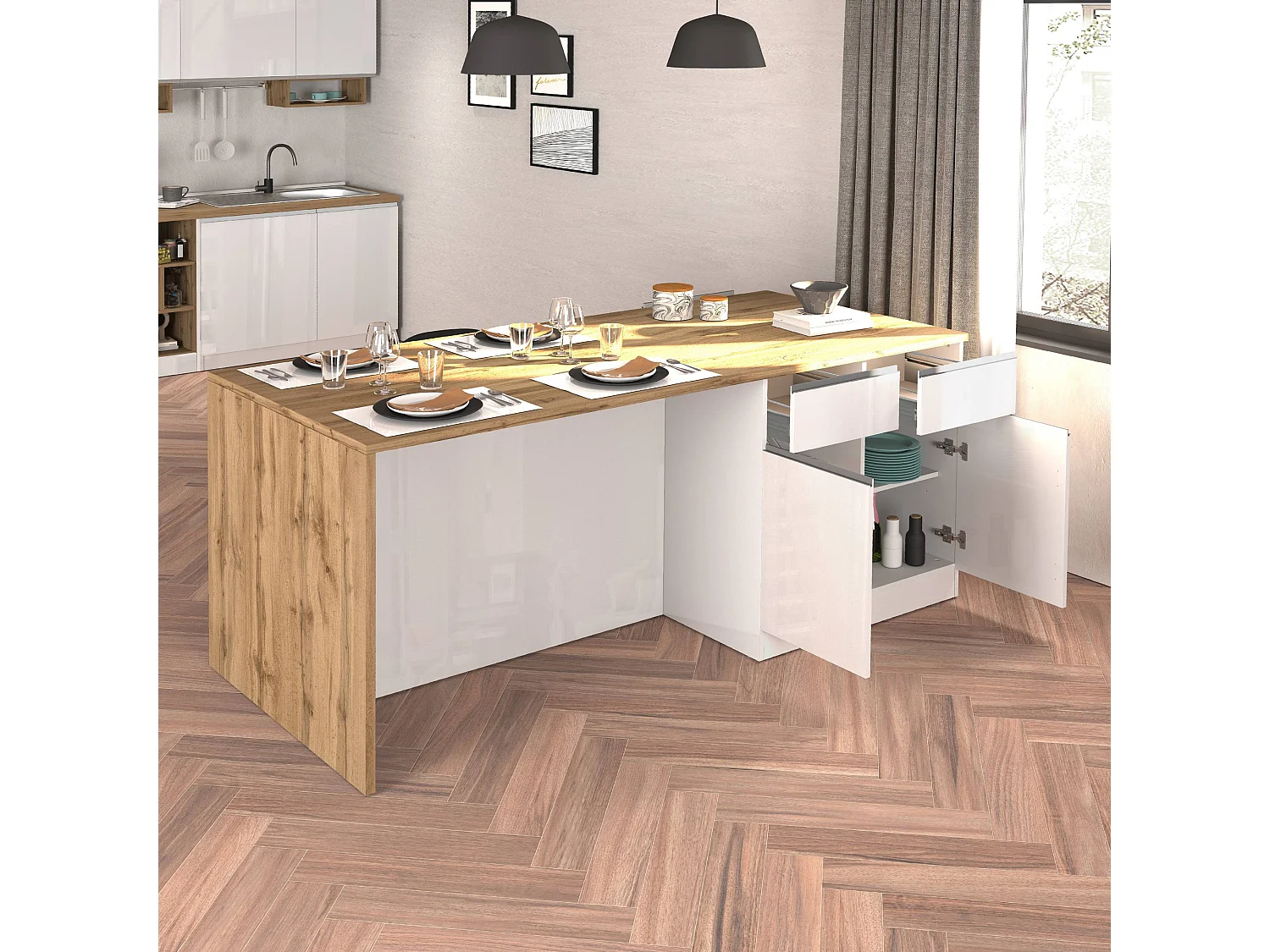 Isola da cucina Sole a 4 ante e 4 cassetti bianco lucido e rovere 200x90x90 cm
