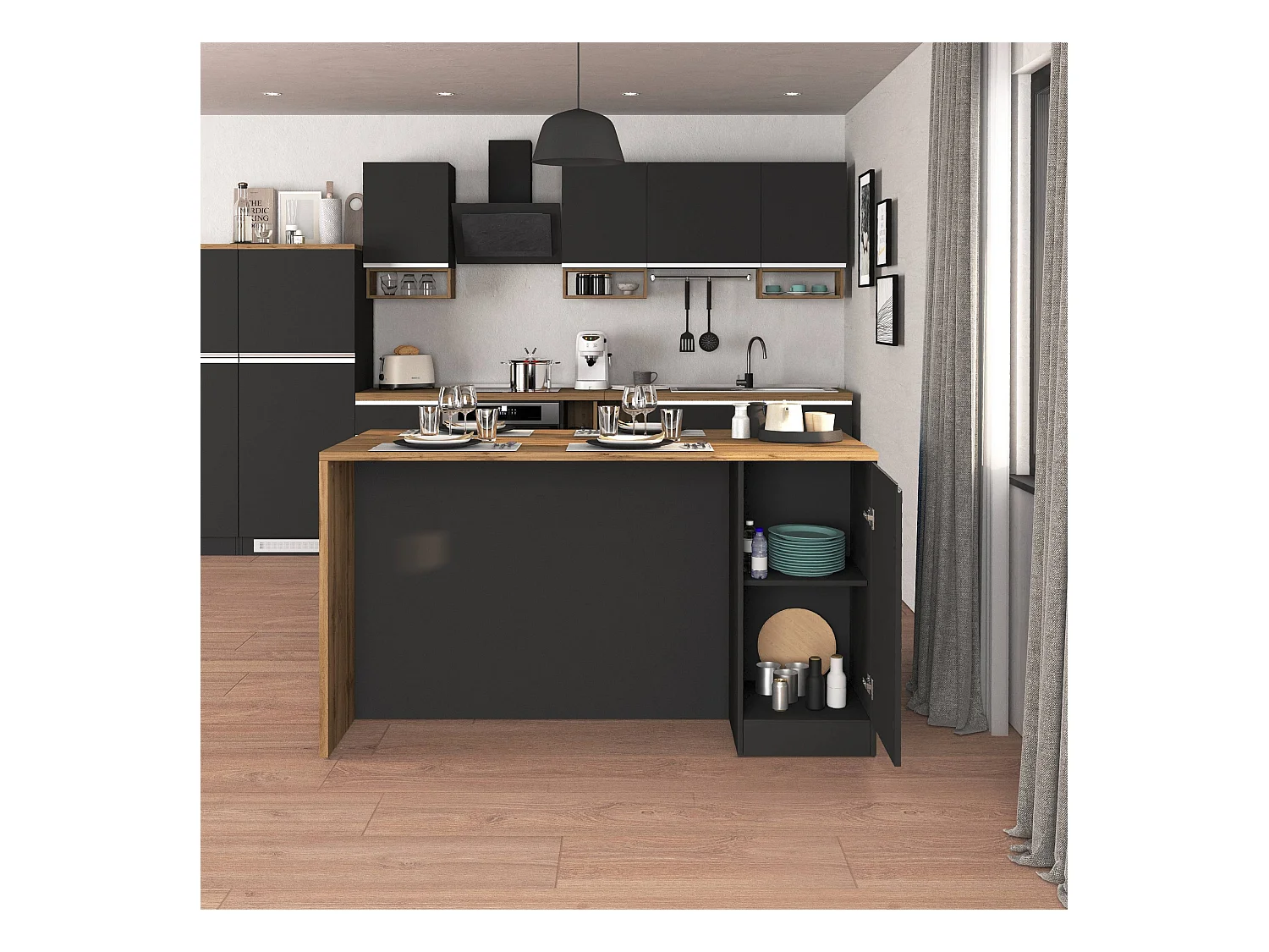 Isola da cucina Sole a 2 ante antracite opaco/rovere 160x90x90 cm