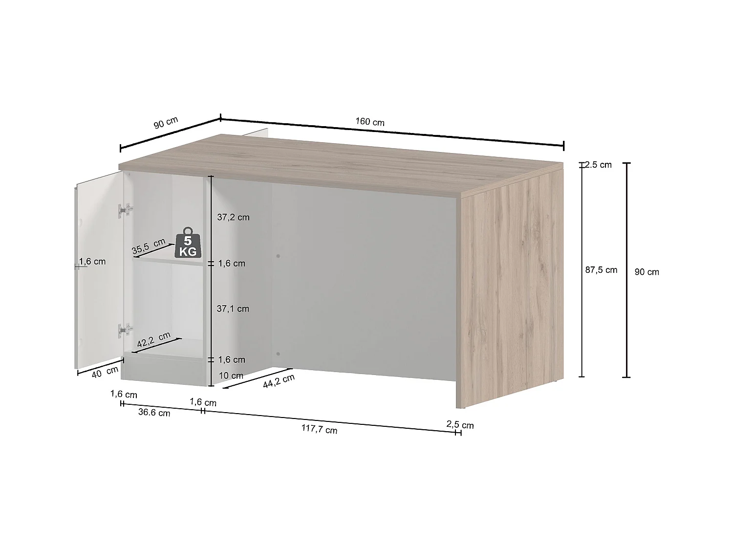 Isola da cucina Sole a 2 ante antracite opaco/rovere 160x90x90 cm