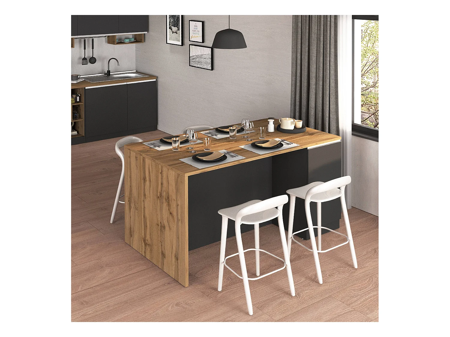 Isola da cucina Sole a 2 ante antracite opaco/rovere 160x90x90 cm