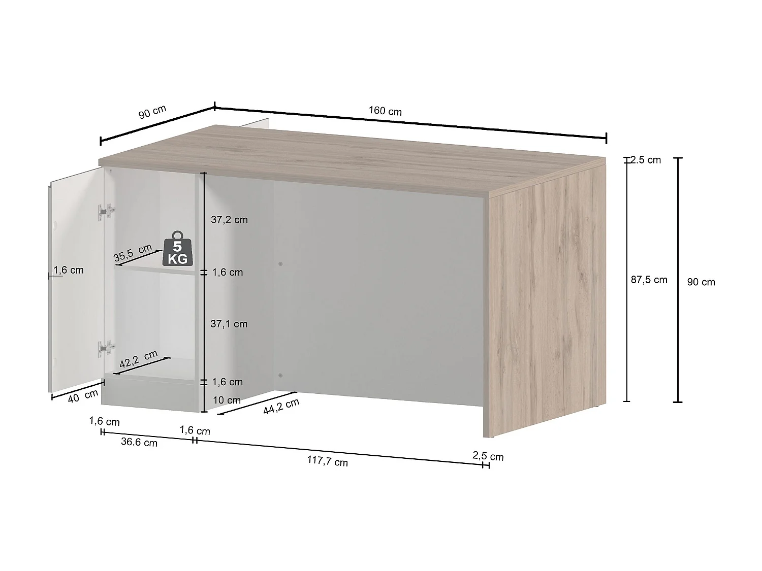 Isola da cucina Sole a 2 ante antracite opaco/rovere 160x90x90 cm